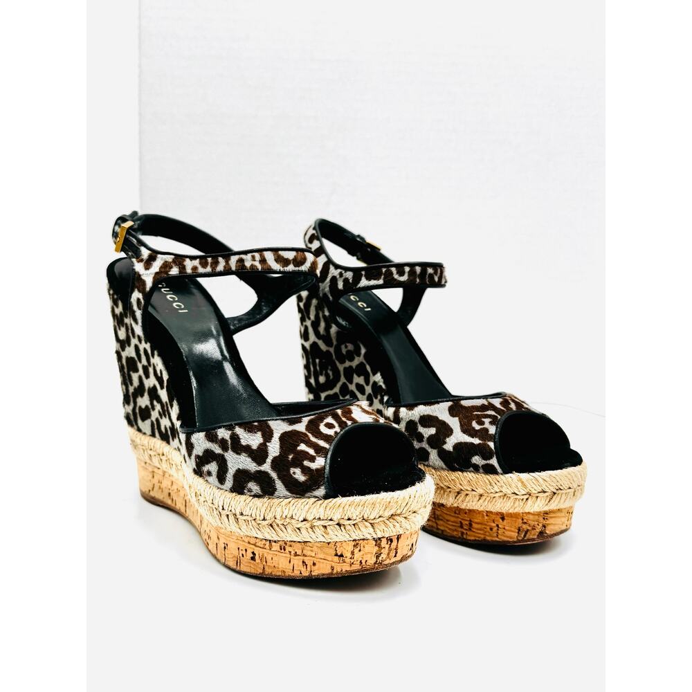 Gucci Ponyhair Leopard Animal Print Espadrille Wedge Sandals Platform Heels 37